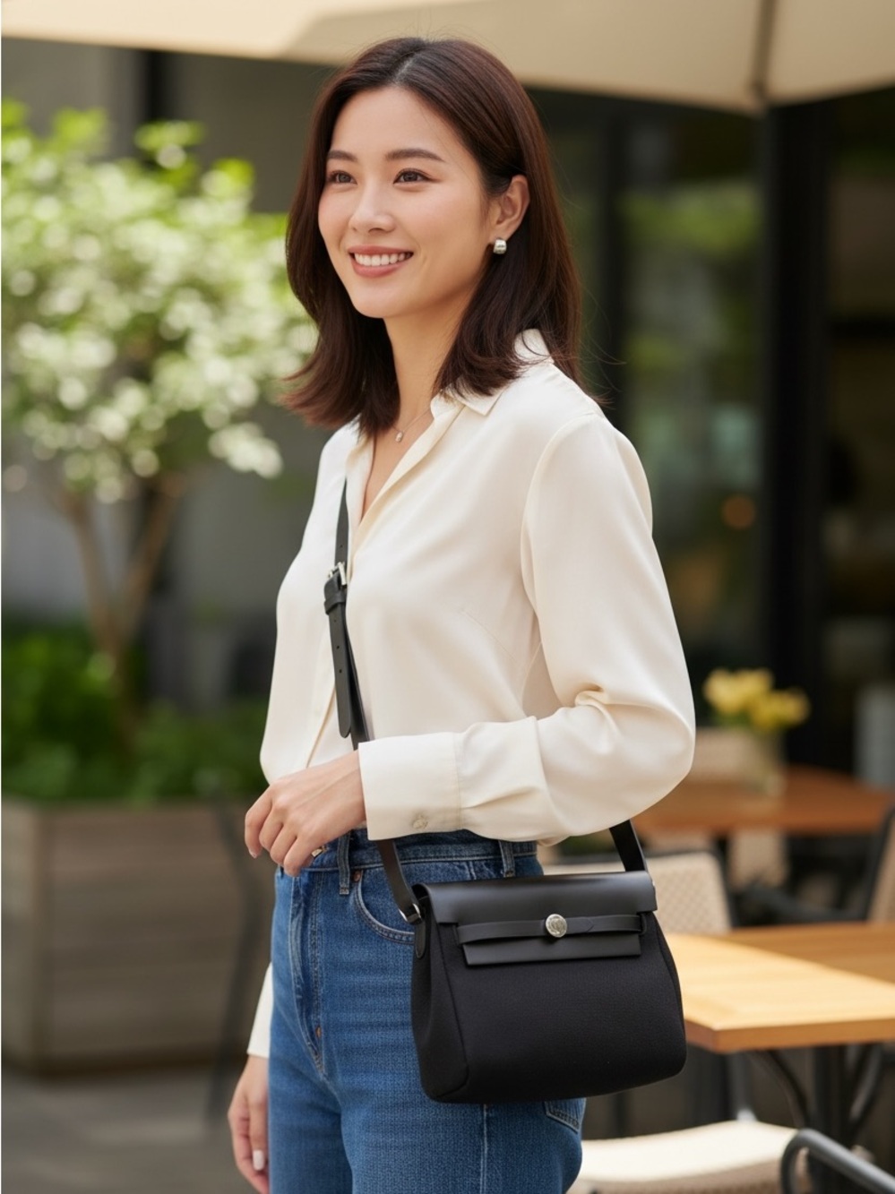 Classic Black leather-canvas Crossbody Bag.  Designer inspired!